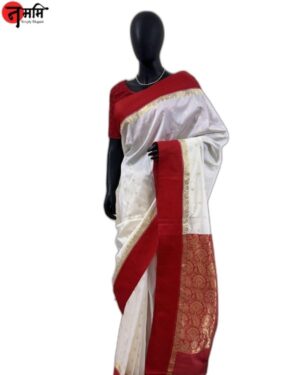 White and Red Soft Silk Banarasi Saree