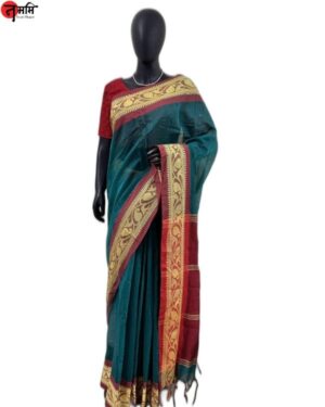 Cotton Silk Saree with Red Border (Green)