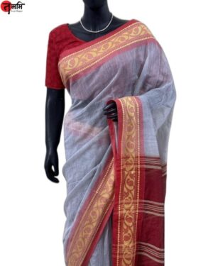 Cotton Silk Saree with Red Border (Grey)