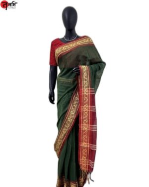 Cotton Silk Saree with Red Border (Olive Green)