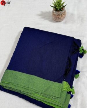 Khadi Cotton Saree (Blue with Green Tassels)