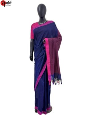 Khadi Cotton Saree (Blue with Pink Tassels)