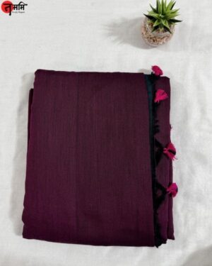 Khadi Cotton Saree (Maroon with Pink Tassels)