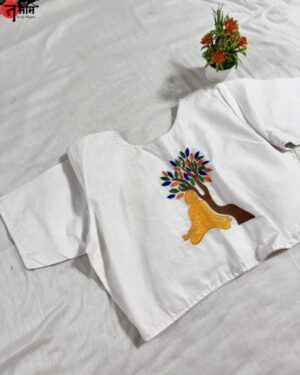 White with Meditation Tree Embroidery Blouse