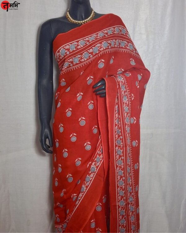Red Hand Block Printed Cotton Saree